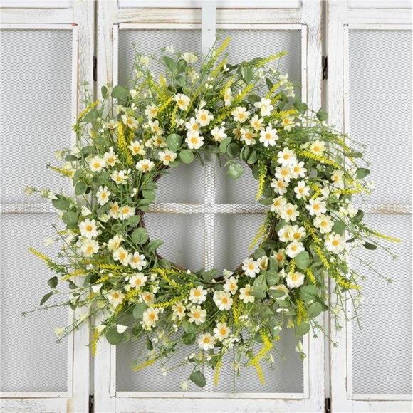 24 Inches Artificial Daisy Flower Wreath with Eucalyptus Leave Silk - Picture 6 of 8